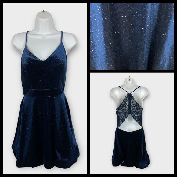 B Darlin Blue Velvet Fit and Flare Lace Back Sparkle Velvet Dress Size 5/6 JR - Picture 1 of 8